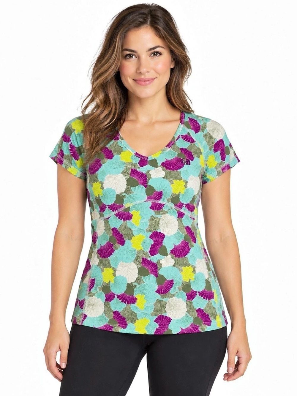 The North Face Floral Active Top Women M V Neck Aqua Purple Hiking Athletic